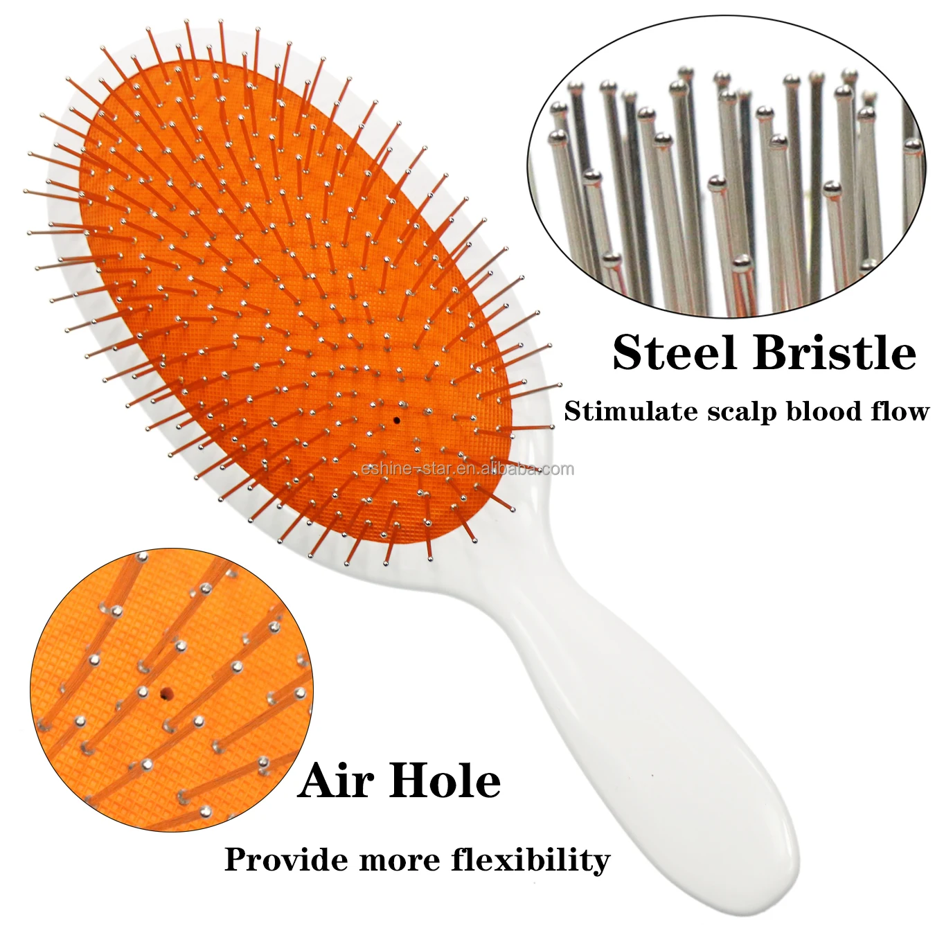 Custom Logo White Metal Pin Bristle Hair Brush Orange Air Cushion Massage Smoothing Paddle Detangling Brush