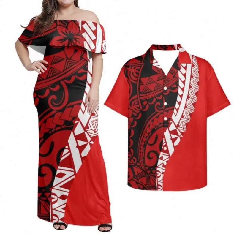 Couple Outfit Sets Ladies Evening Dresses Polynesian Pattern Design Classic Mens Hawaiian Shirts Match Women Plus Size Bodycon