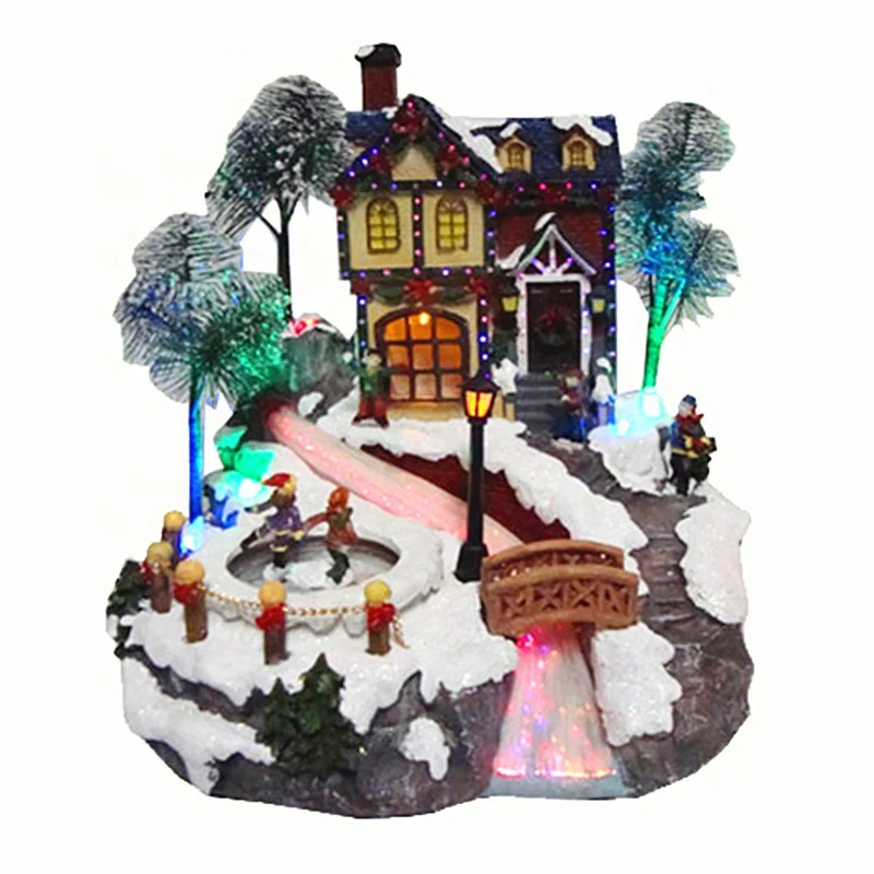 Moving Kids Fiber Optic Christmas Village Resin Christmas House Model with Adaptor for Seasonal Decor and Gifts