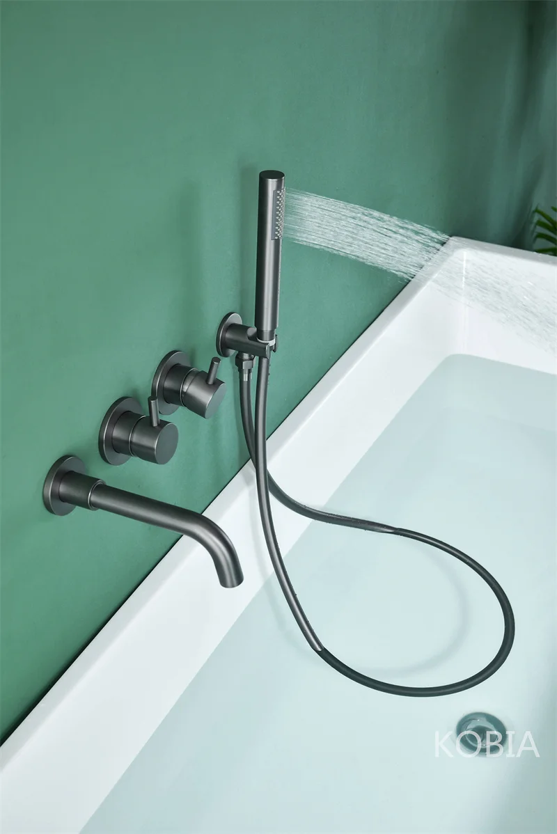 High Flow Matte in Wall Black Bathtub Faucet Wall Mount Waterfall Tub Filler Faucet with Hand Shower