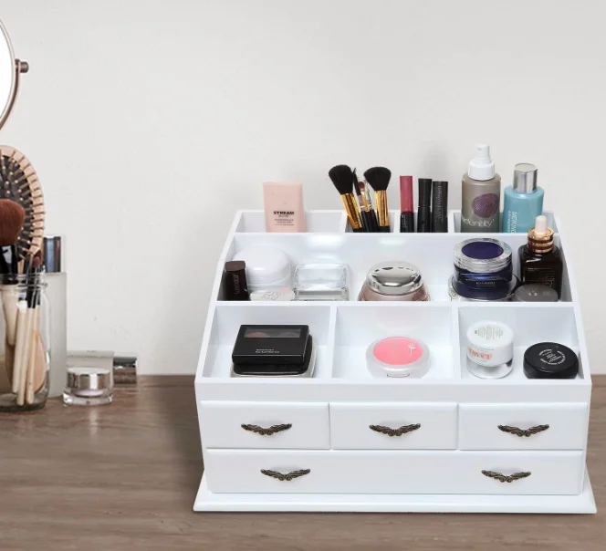 wooden jewelry organizer desktop makeup tools organizer with Drawers wooden Jewelry Box Multi-Function Make up Box Stand