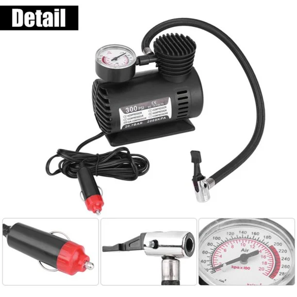 12V Electric Tire Inflator Car Motorcycle Air Tire Pump with Gauge Light Portable Mini Single Cylinder Air Compressor Black 12