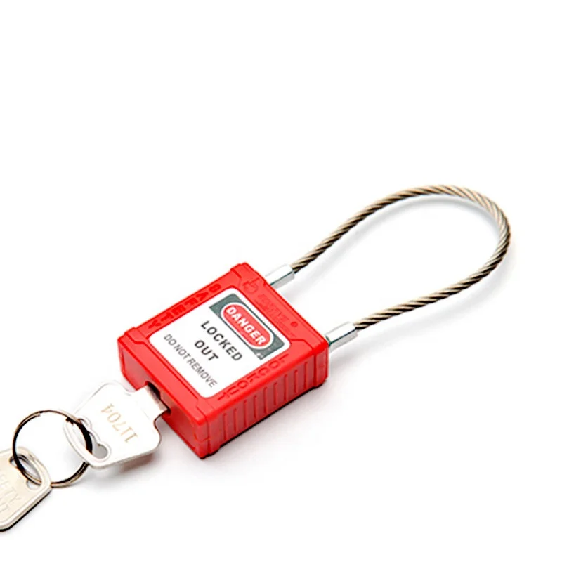 red Nylon safety padlock with Stainless steel cable and Master Key for lockout insulated against the effects of electricity