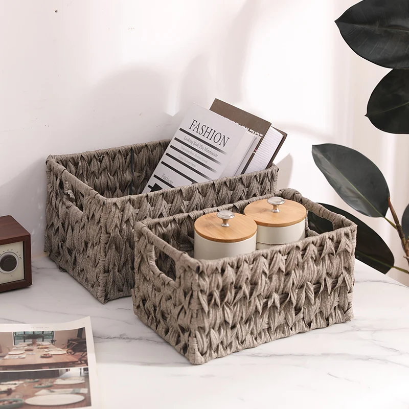 Wholesale wicker woven storage basket Desktop storage basket Rectangular organizer box shelf storage basket 1 large 2 small
