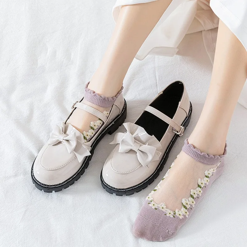 Wholesale Thin Fashion Flower Summer Sheer Socks Crystal Glass Silk Sheer Ankle Transparent Socks