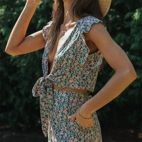 MXN 927 Spring and summer print two piece sets,fashion Hollow out short lace-up top,ruffled stitching skirt suits set for women