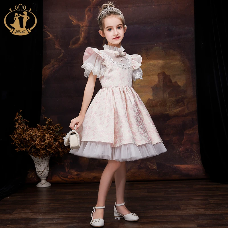 NIMBLE 2022 Jacquard Fabric Beaded Lace Flower Girls Satin Dresses Princess Toddlers Kids Party Ball Gown Holiday Long  Frock