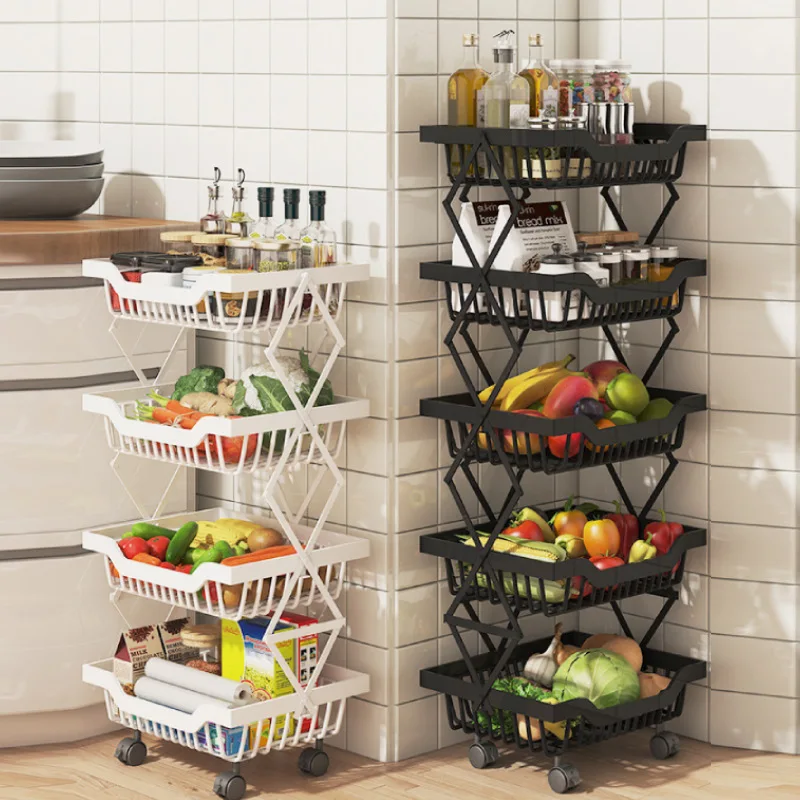 Multifunction Metal Creative Kitchen Folding 3/4/5 Tiers Vegetable Fruit Storage Rack Cart Spice Bottle Rack Storage Baskets