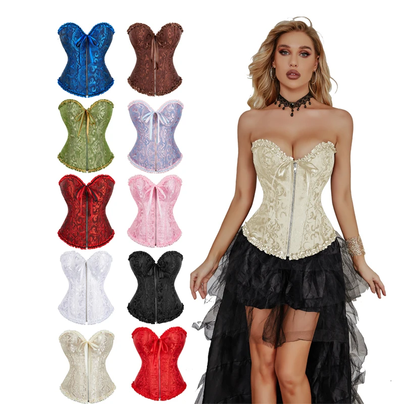 black red blue brown white green multi color overbust strong zipper front jacquard floral gorset top bustier corset crop top