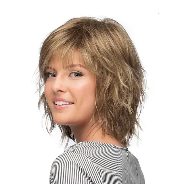 Asymmetrical Slanted Bangs with an Airy Feel New Style Gradient White-Gold Short Hair Fashion Bob Curly Wig