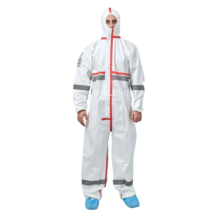 Junlong Disposable Coverall with Hood and Red Tape disposable hazmat suit PPE set disposable coveralls for wholesale