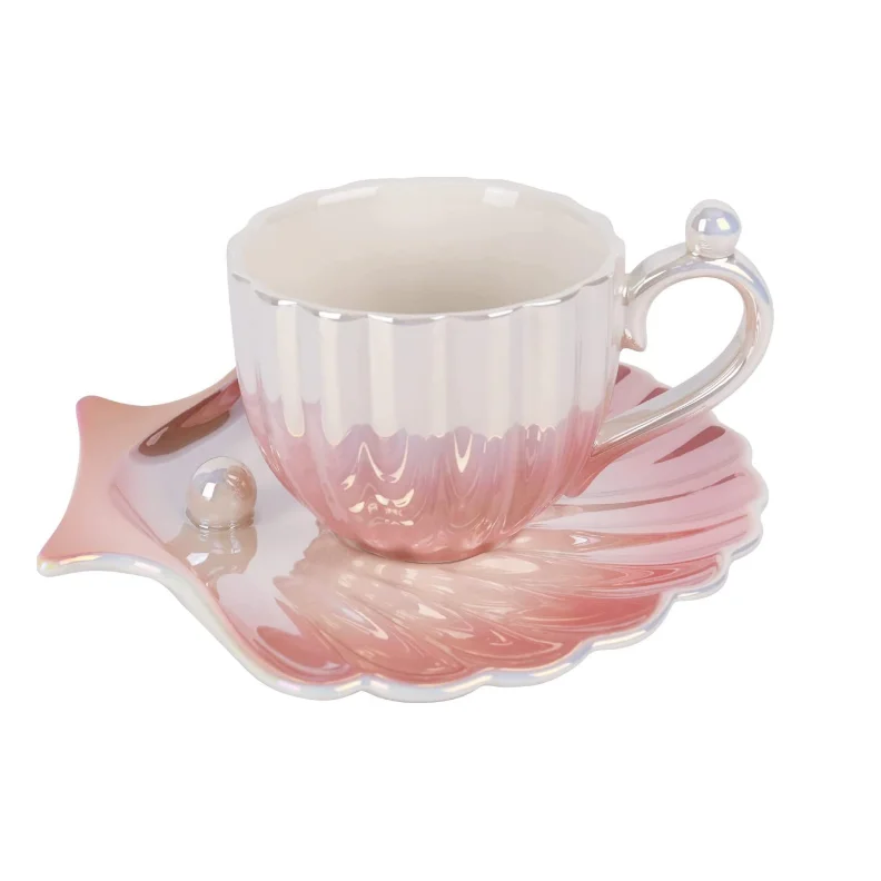 Customized Unique Pearl shell Shape design Ceramic Coffee Mug with saucer Cute Mug for home  and office