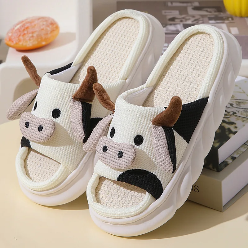 Cow panda linen open slippers home indoor cute floor comfortable platform men and women animal cloth