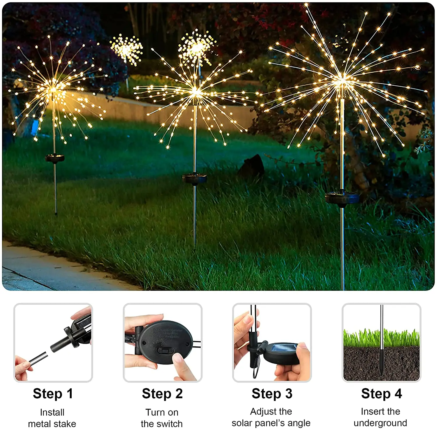 8 Modes Dimmable Remote Control Waterproof Hanging Copper Wire Lights for Patio Parties Christmas Led Firework Lights solar fire