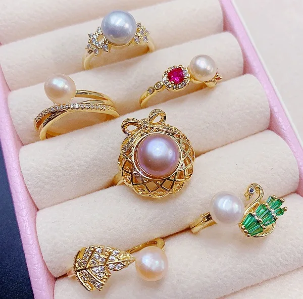 PUSHI New Luxury Openable Adjustable Zircon Pearl Rings Plated Engagement Rings in Bulk Wholesale Lot Rings Gold for Women NGTC