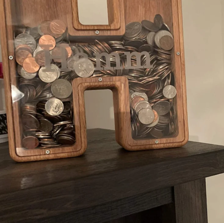 Custom Personalised Wooden Acrylic Funny Alphabet Letter Shaped Piggy Bank Money Saving Storage Box for Kids