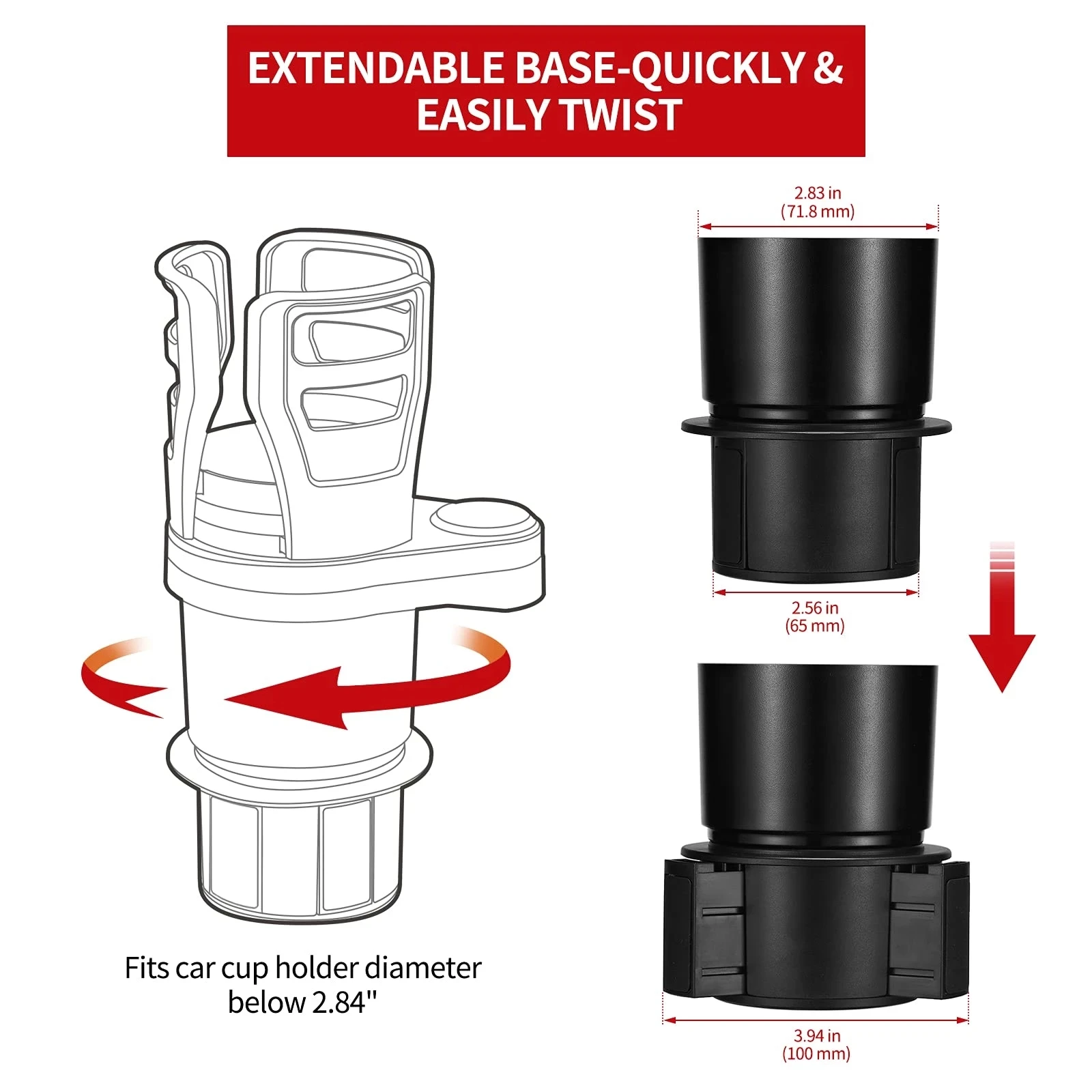 2 in 1 Multifunctional Car Cup Holder 360 Rotating Adjustable Car Cup Holder Expander Adapter Base Tray for Snack Bottles Cups
