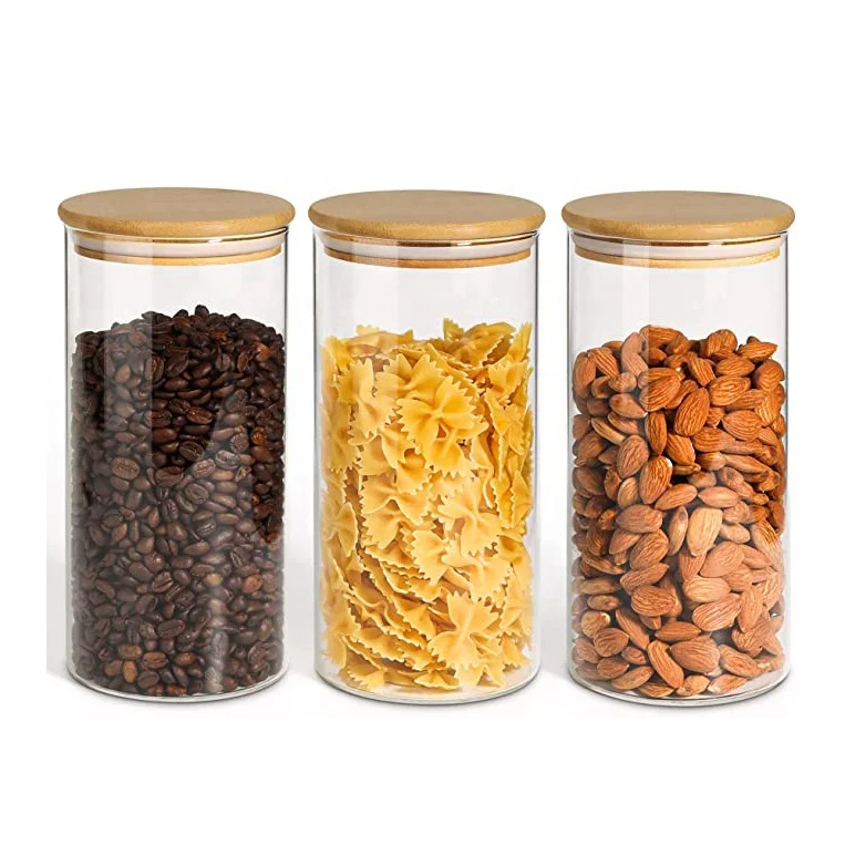 Set of 3 Airtight Glass Storage Canister with Wood Lid  Clear Food Storage Container Jar with Sealing Bamboo Lid