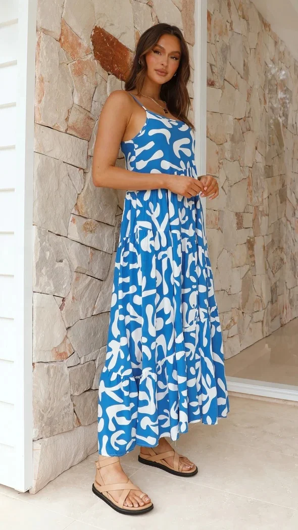 Fashion New Women Sexy Sweet Floral Print Sleeveless Off-shoulder Off-back Long Dress