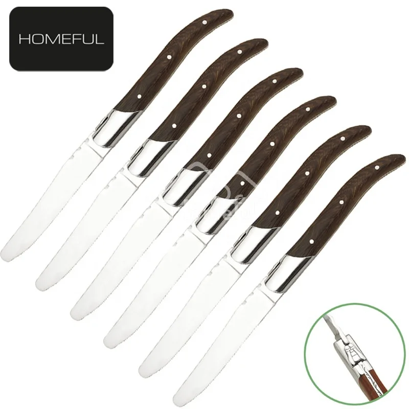 French style laguiole steak knife 420 steel round tip serrated blade with natural wood handle