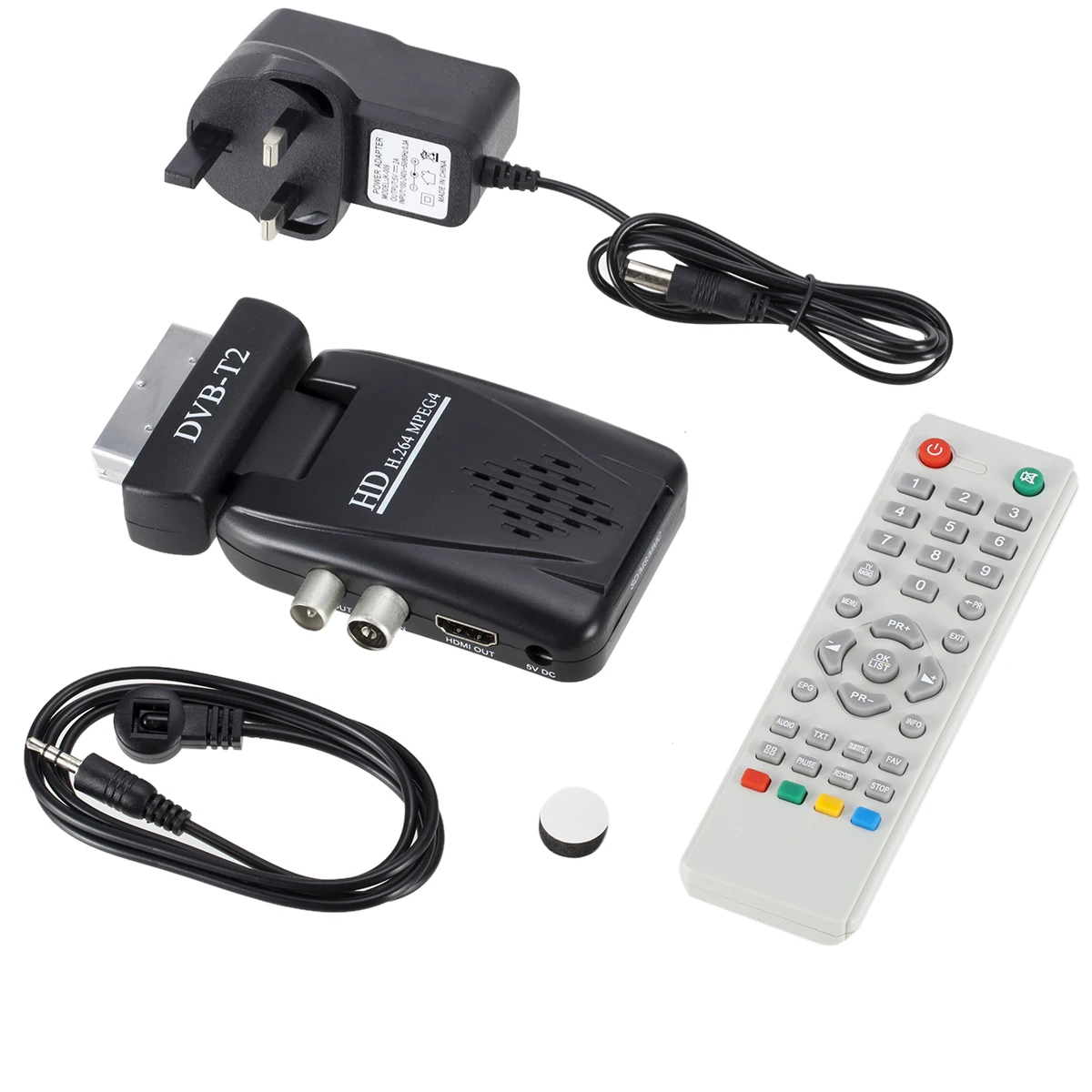 Digital DVB-T2 Scart H.264 1080P HD Terrestrial Receiver TV Box USB SD HD IR + Remote Control+IR Cable +Power Adapter
