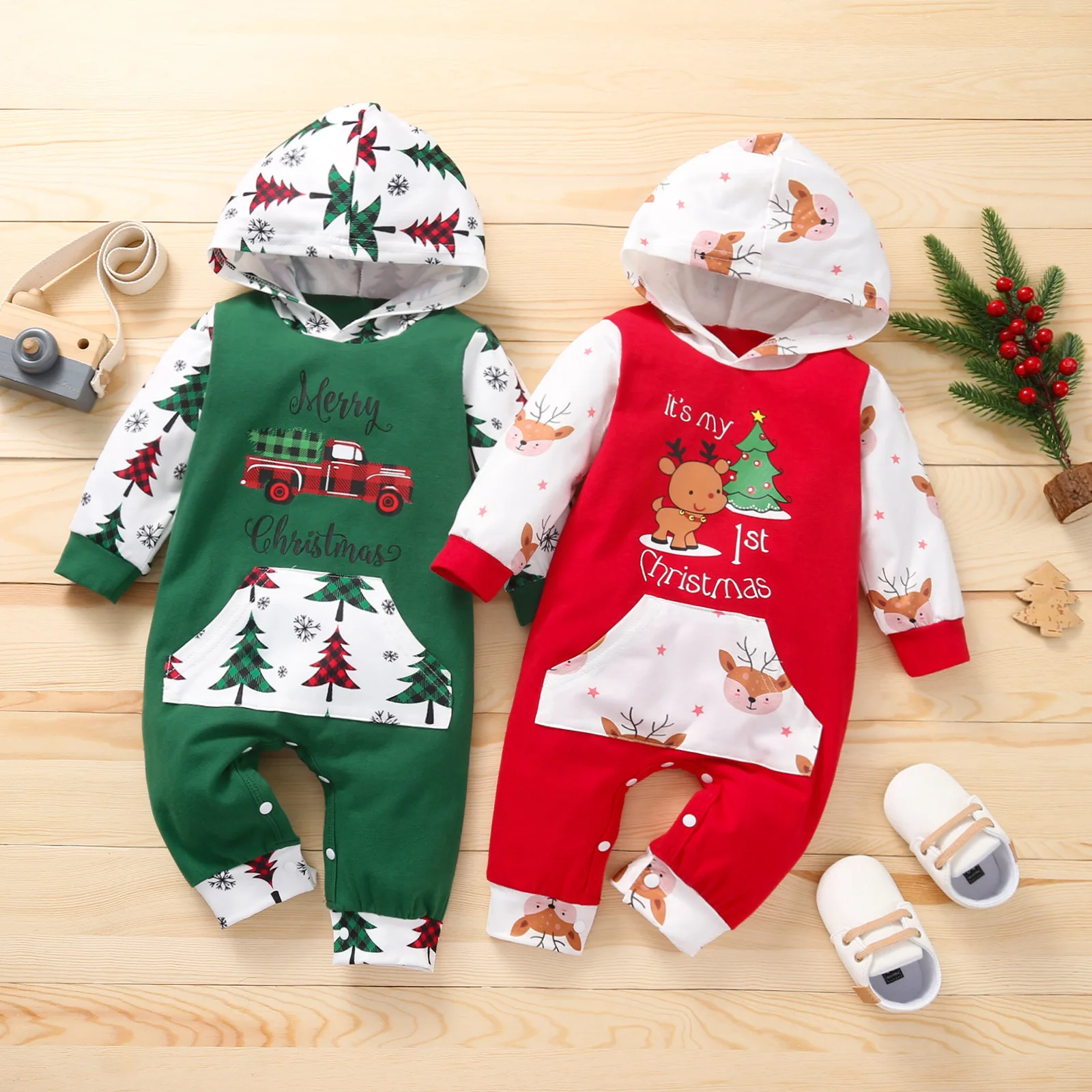 Christmas Winter Knit Baby Romper Baby Rompers Wholesale Cartoon Print Hooded Baby Romper