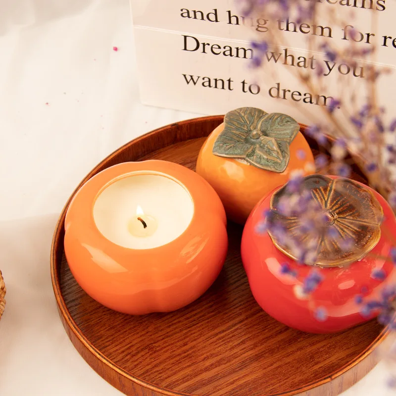 Hot Sale Handmade Cute Persimmon Fruit Shaped ceramic Jar Gift Scented Candles