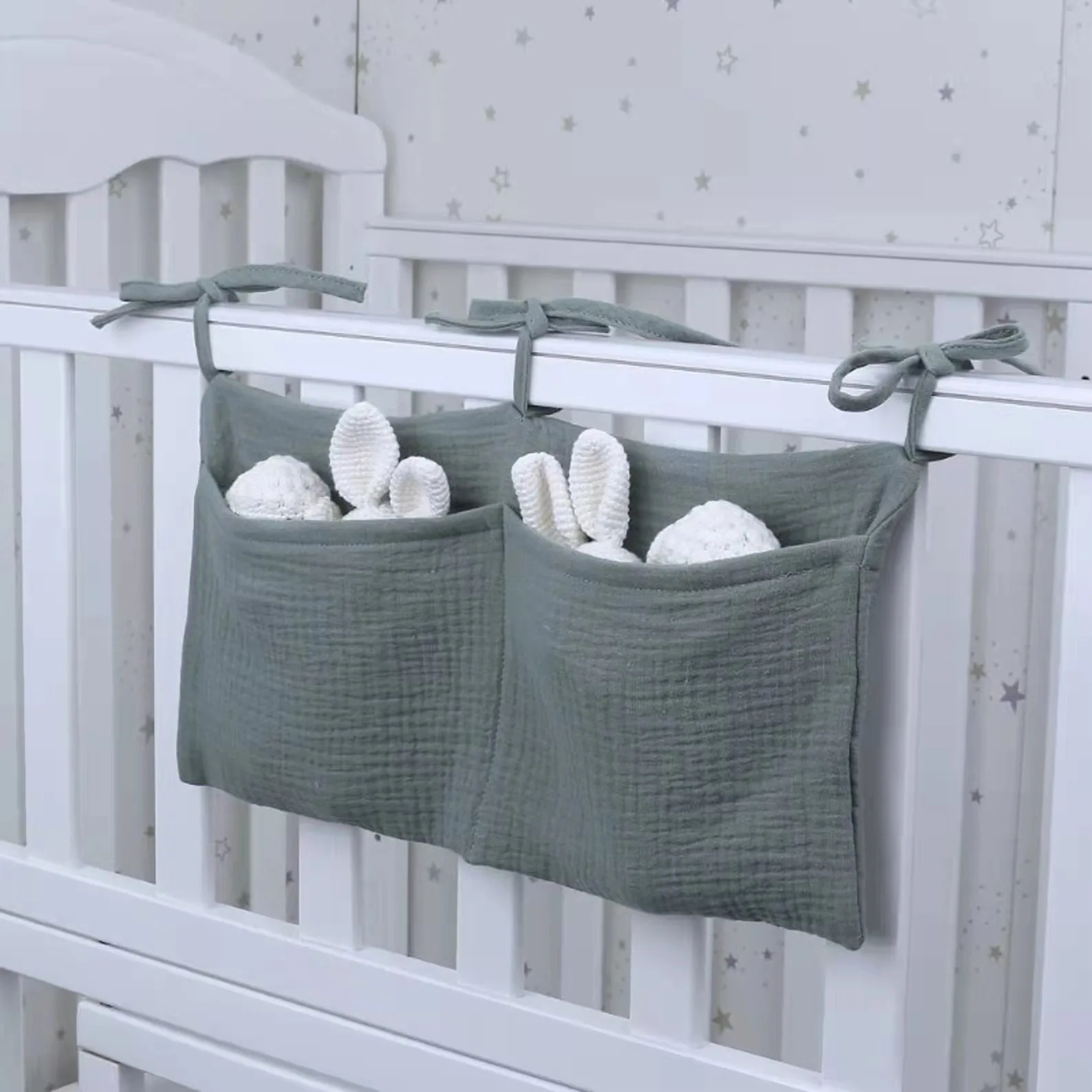Linen Baby Bedside Hanging Storage Bag 2 Pockets Organizer for Baby Cribs and Toys