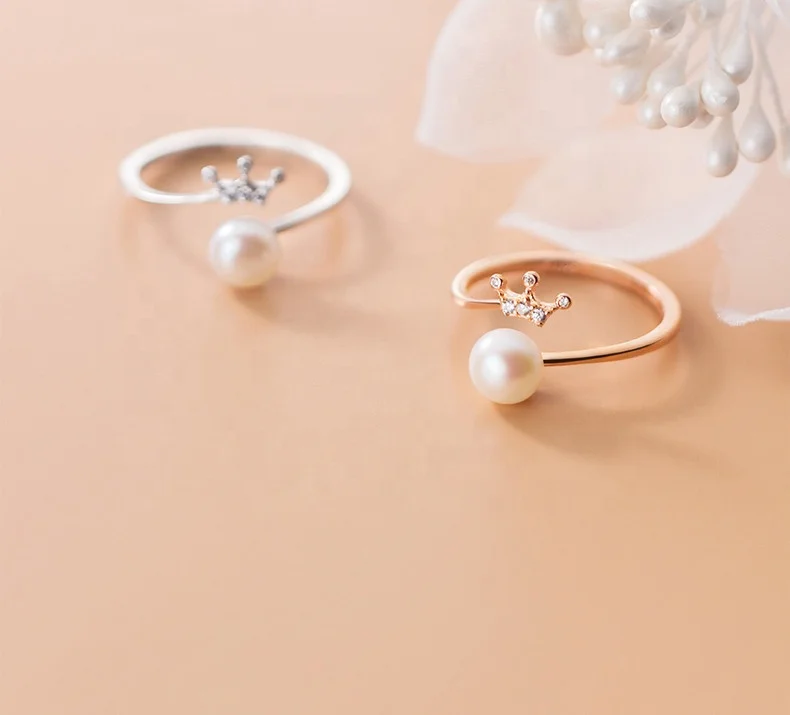 Korea jewelry rose gold plated 925 sterling silver cz diamond crown pearl adjustable ring for girls