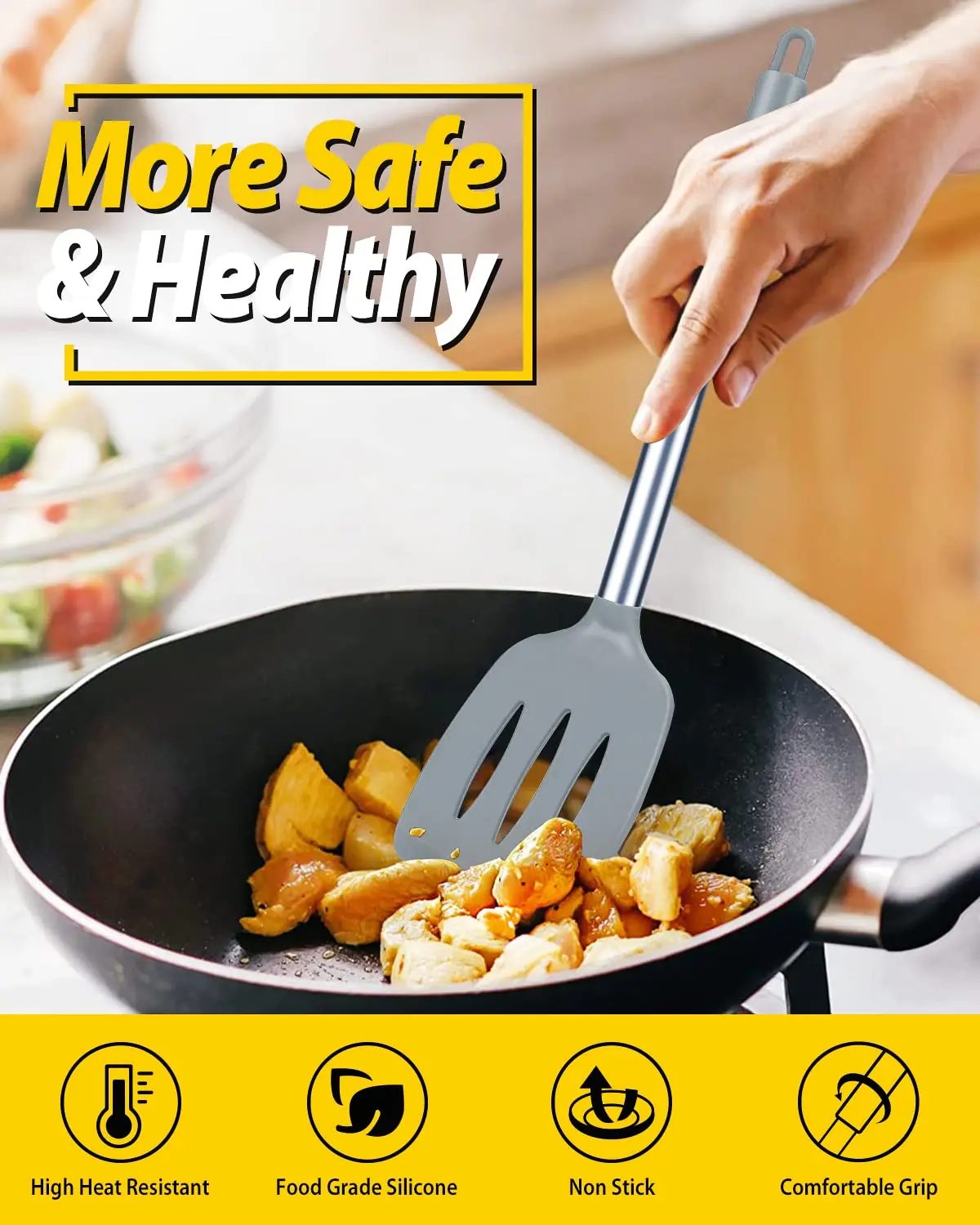 Wholesale High Quality Kitchen Accessories Stainless Steel Handle Non-stick Pan Heat Resistant Black Silicone Spatula
