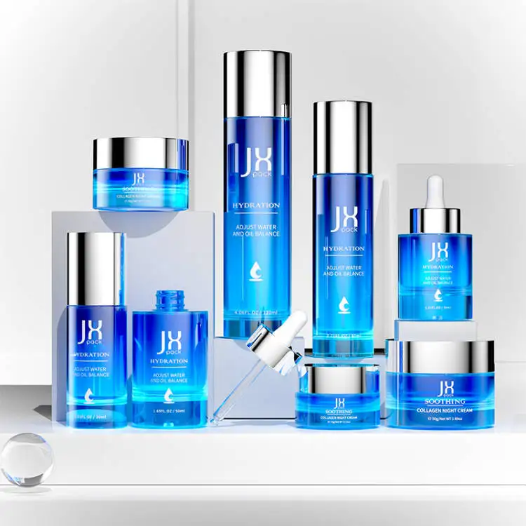 Hign end 15 30 50 100 120 ml custom empty luxury thick bottom skincare packaging set glass cosmetic pump bottle and cream jar