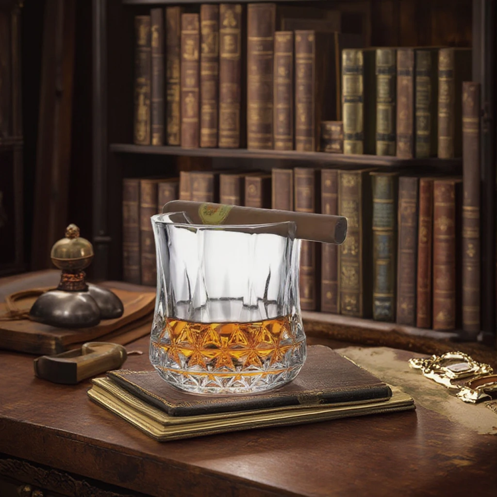 Whisky cigar glass 300ml Bohemian style clear glass embossed cup with cigar holder