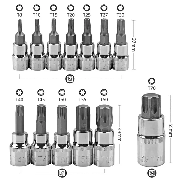 Wholesale 13PCS Torx Bit Socket Set T8-T70 1/4' 3/8' 1/2' Screwdriver Drive Repair Tool