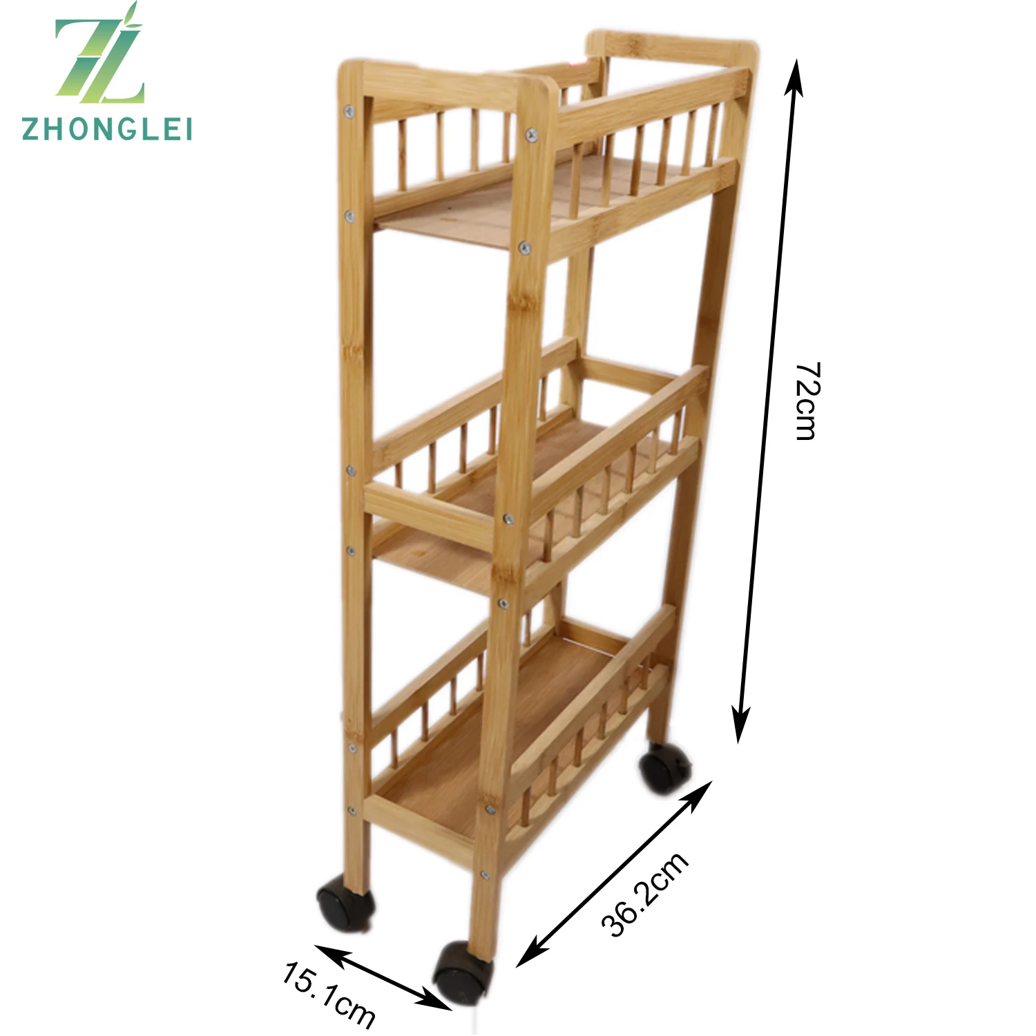 Eco-friendly Natural Bamboo Serving Rack Rolling Kitchen Trolley Cart Wood With 3 Shelves and Locking Wheels