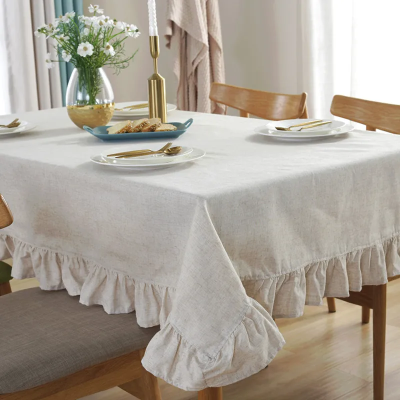Cotton Linen Tablecloth Flounces Fabric Dust-Proof Table Cover for Kitchen Dinner Picnic Table Cloth