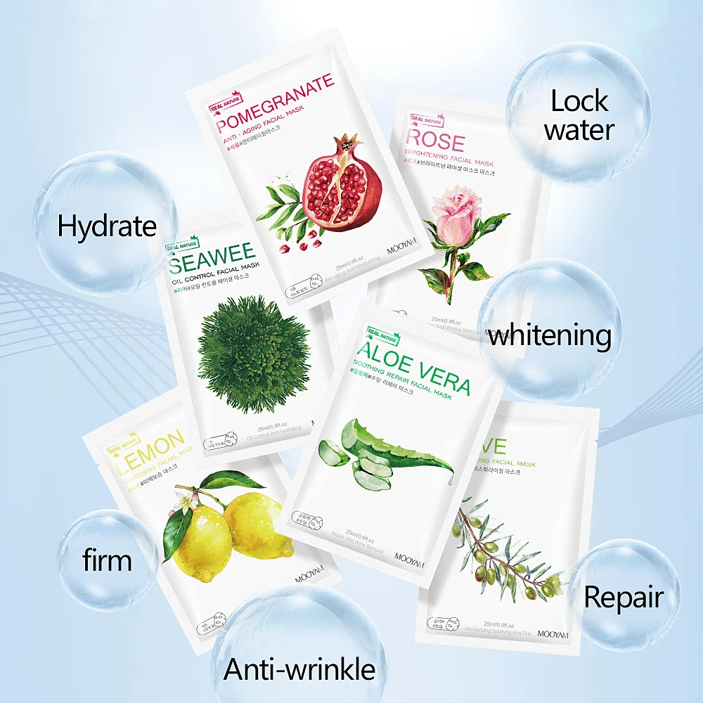 Pomegranate Lemon Aloe Whitening Moisturizing Facial Mask Fruit Plant Soothing Olive Rose Seaweed Anti-Aging Sheet Face Mask