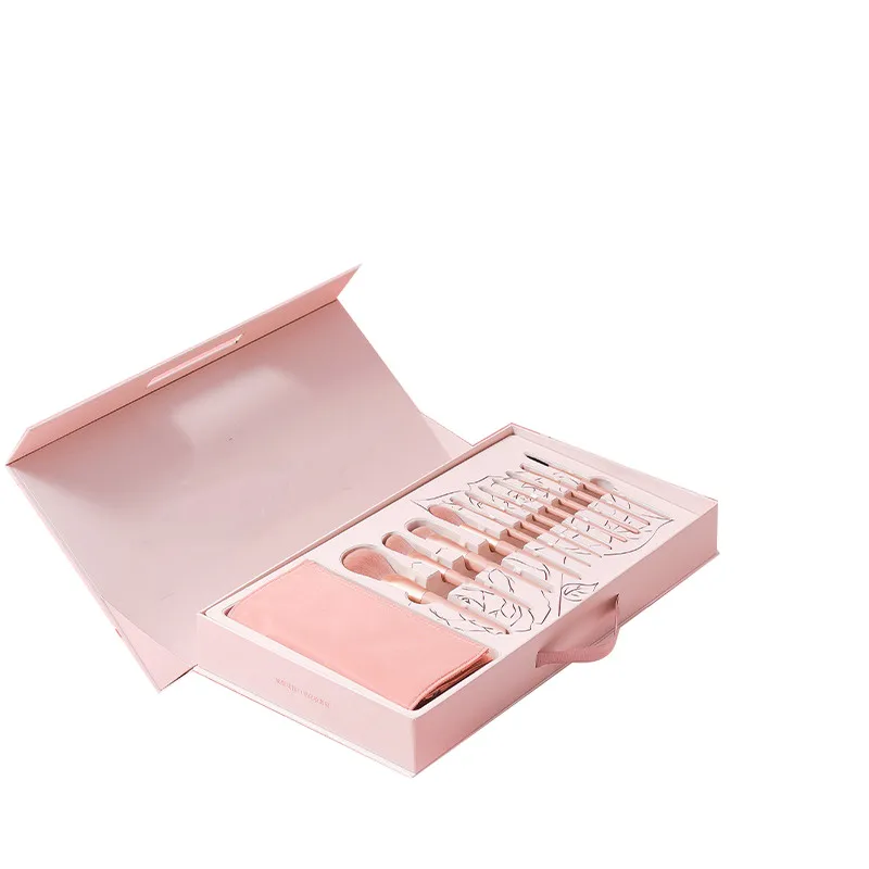 Magnetic flat top 10pcs pink eye brush kit gift box makeup brush set packaging with bag for cosmetic brush