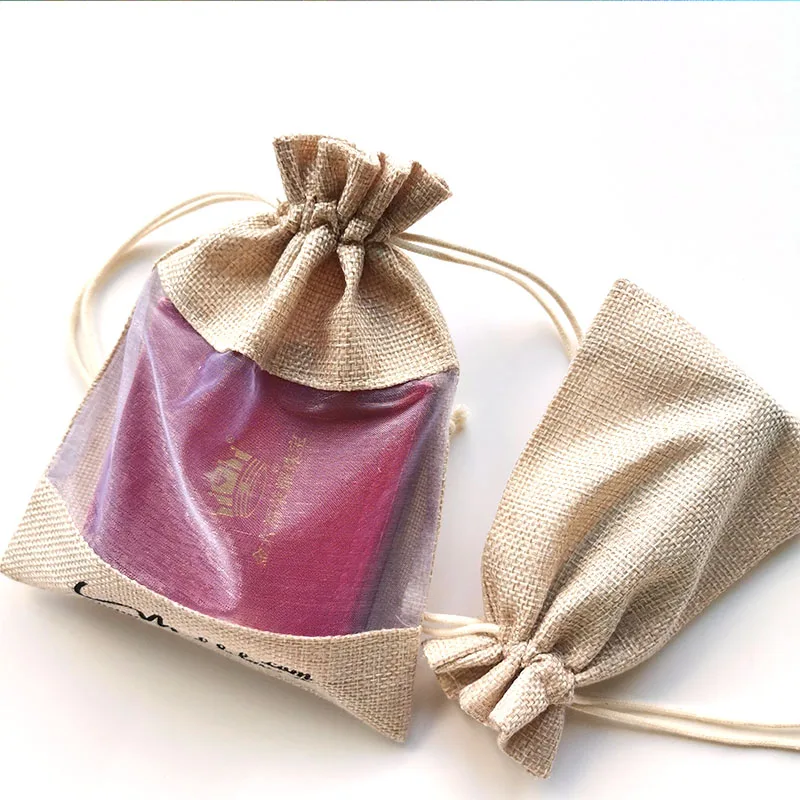 Wholesale custom logo printed drawstring jute bag pouch natural burlap Linen hessian drawstring bag