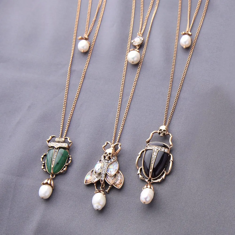 KISS ME Retro Gold Beetle Scarab Insect Pendant Necklace For Women Freshwater Pearl Rhinestone Layered Sweater Chains Customized