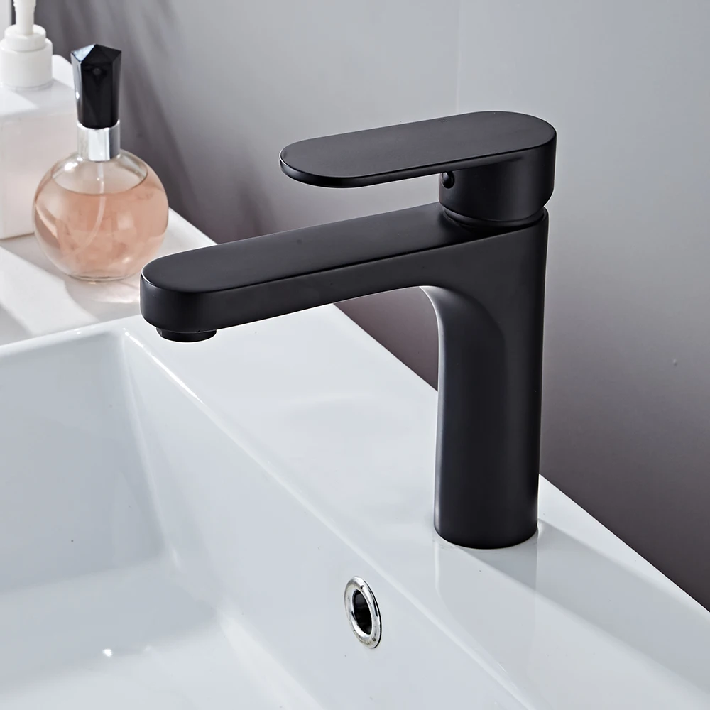 YUNDOOM OEM Basin Faucet Deck Mounted Brass Factory Deck Mounted Matte Black Hot Cold Water Bathroom Simple Modern Basin Faucet