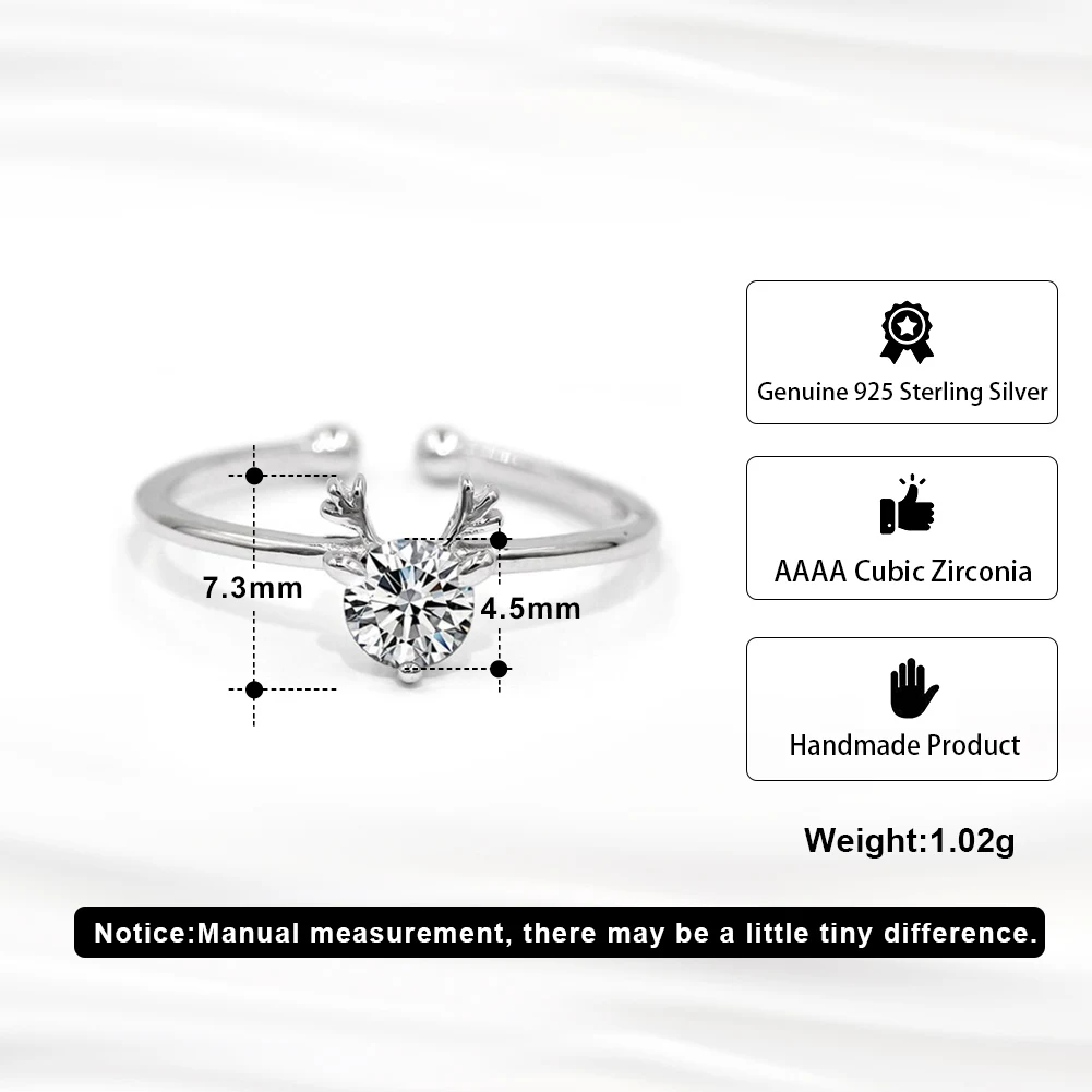 HOR01 RINNTIN Fine Jewelry Wholesale DIY Christmas Elk Deer Antler Head Adjustable Rings 925 Sterling Silver Women Rings