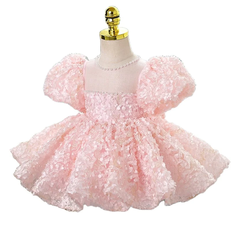 Boutique Fall Pink Beaded Puff Sleeve Flower Girls Wedding Dresses Frock Toddler Kids Pageant Party Gown Baby Casual Clothes