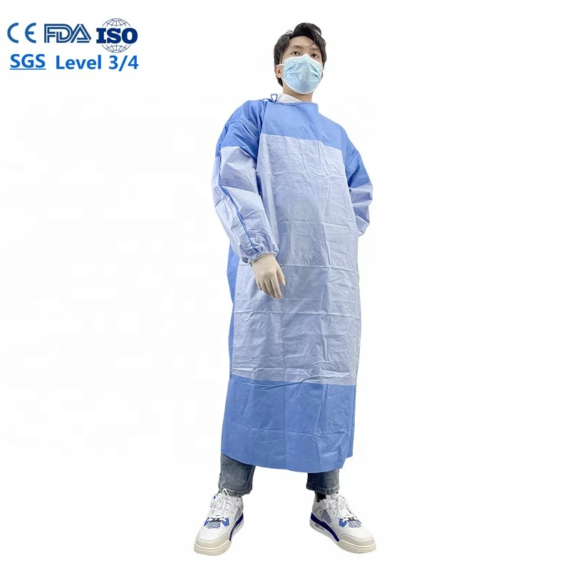 Cheap Price EN13795 disposable ppe lab coat ASTM F1670 aami level 3 sms gown 40g Non-Woven Waterproof for Health Stations