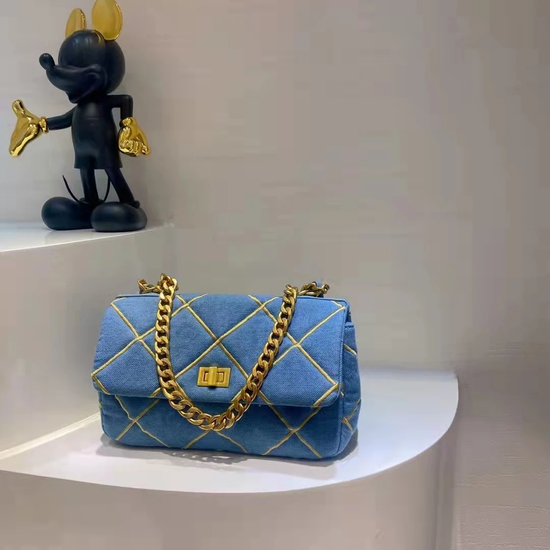 hot sale latest fashion women denim quilted flap cross body handbags with chain for ladies sling hand bags in Guangzhou new