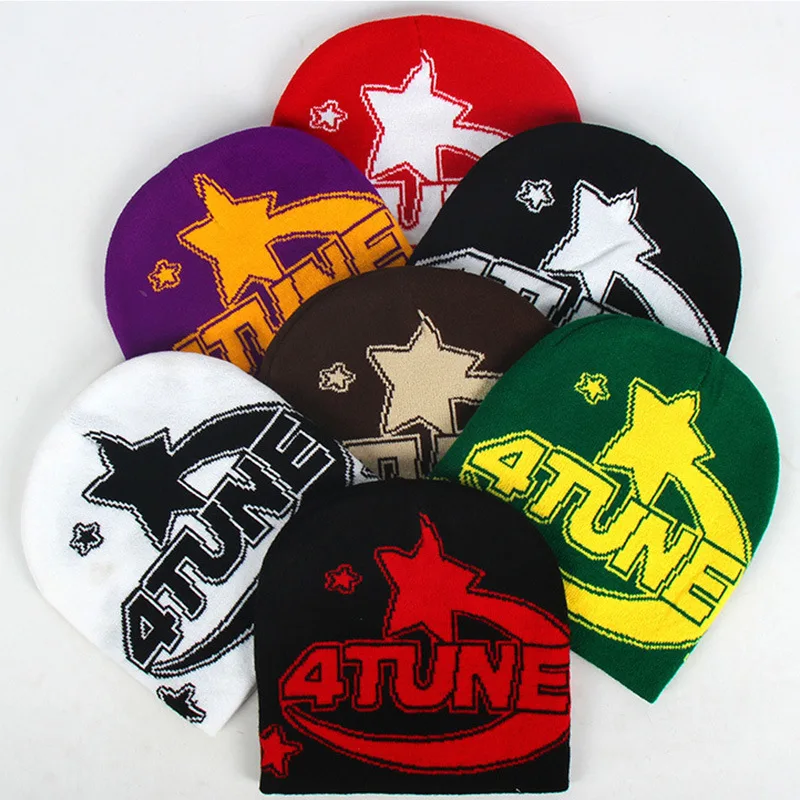 Wholesale Fashion Design Y2K Big Letter 4 Tune Star Logo All Over Print Jacquard Knit Beanie Hat