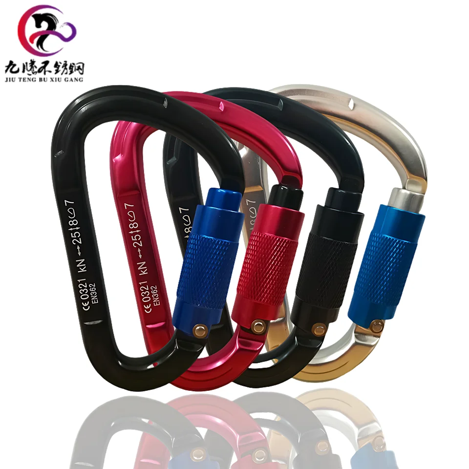 Hot Sale High Quality customized black metal clip hook spring 25KN aluminum locking climbing hammock carabiner