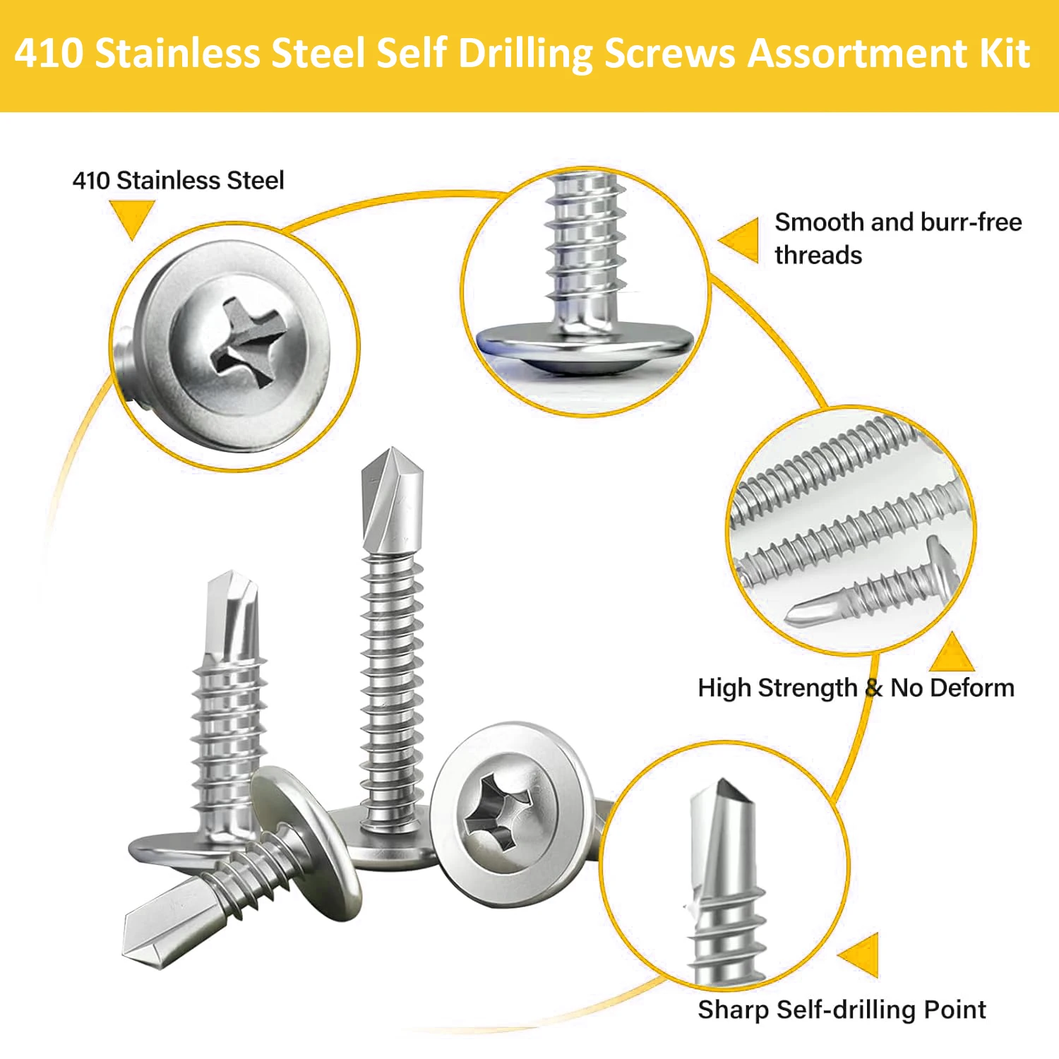 410 Stainless Steel Modified Truss Wafer Phillips Head Tek Roofing Self Drilling Screws Assortment Kit for Sheet Metal