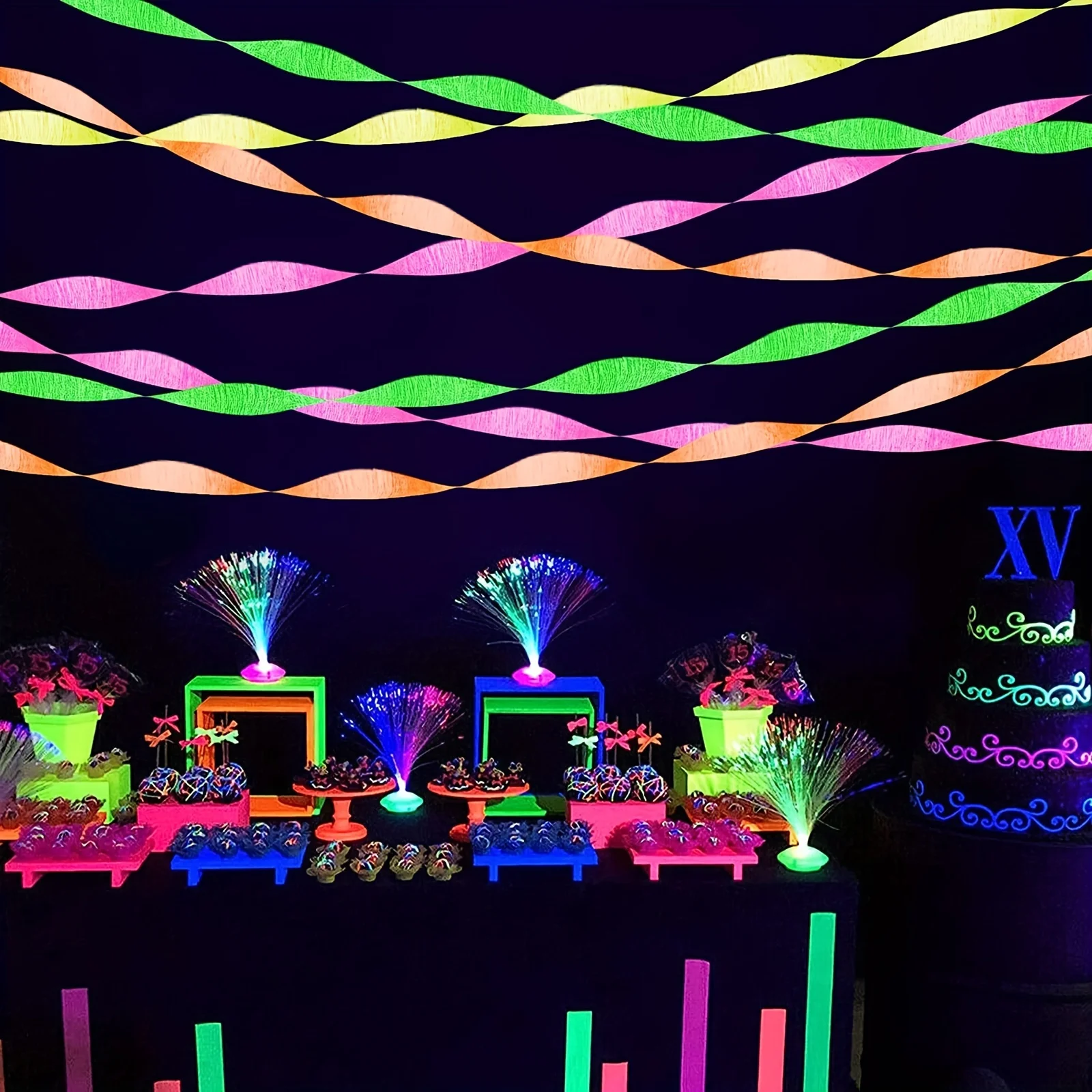 Party Supplies Decorations Accessory UV Neon Paper Crepe Streamers Fluorescent Garland Glow In The Dark Blacklight Streamers