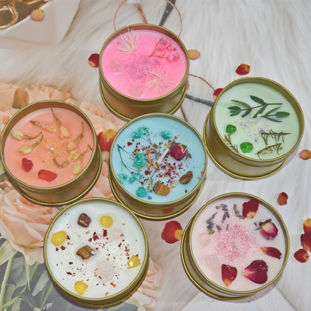 Christmas Gift Wholesale Romantic Aromatherapy Candles Tinplate Soy Wax Essential Oil Crystal Flower Candles