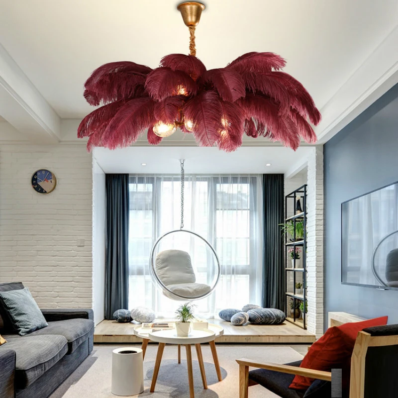 Fashionable All Copper Ostrich Feather Lamp Hanging Light Chandelier Real Feather LED Lamp with G9 Bulb for Bedroom Decoration